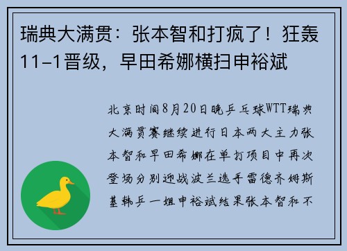 瑞典大满贯：张本智和打疯了！狂轰11-1晋级，早田希娜横扫申裕斌